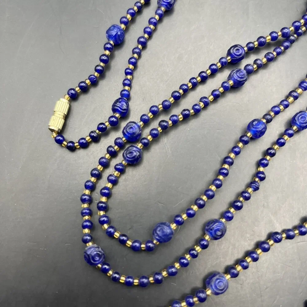 Vintage Extra Long Glass Bead Necklace Small Beads Dark Blue Gold Tone 48 Inch